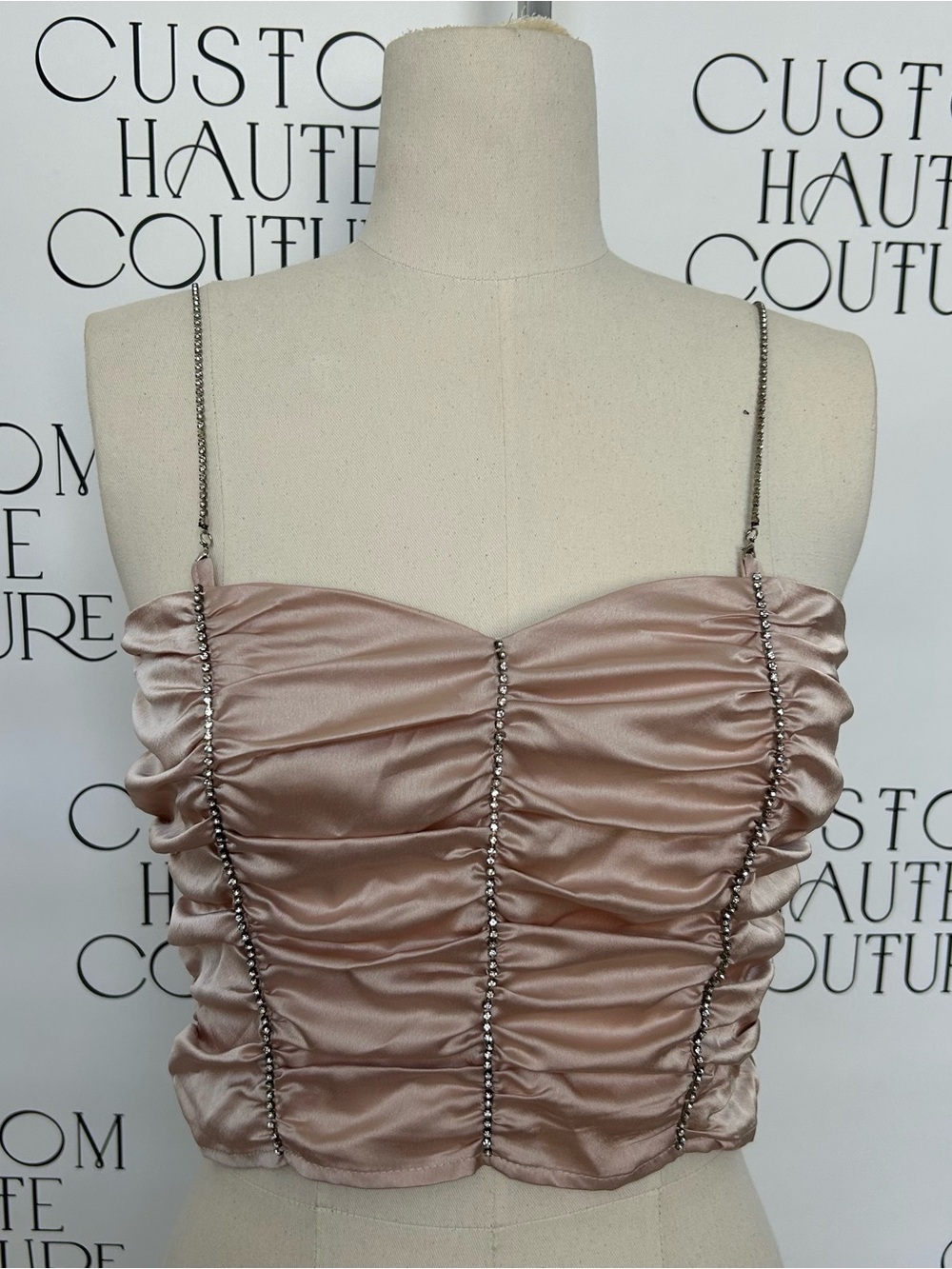 Blush Satin Ruched Cami with Chain Straps
